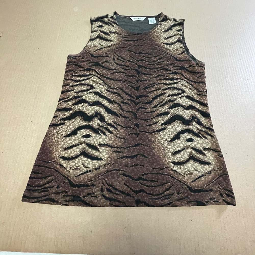 Vintage Laura Ashley 8 Tiger Stripe Sleeveless Top Knit Tank Brown Cheetah Print